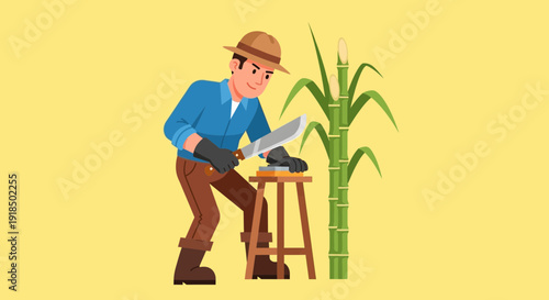 Farmer sharpening his machete near a sugarcane plant for harvesting