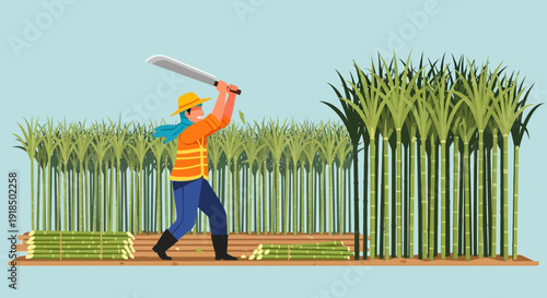 Farmer harvesting sugarcane with a machete in a vibrant plantation field