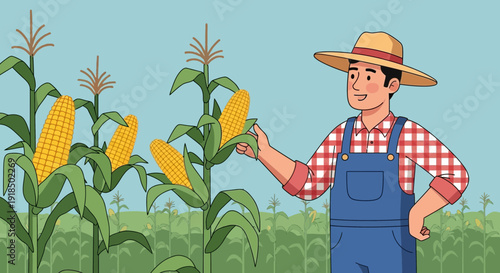 Happy farmer inspecting ripe corn stalks in a sunny agricultural field during harvest season