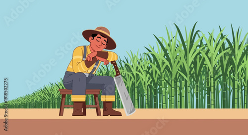 Farmer resting by sugar cane field with machete, peaceful rural scene