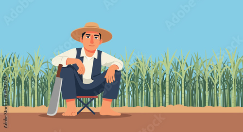 Farmer in straw hat resting amidst sugarcane field with machete nearby