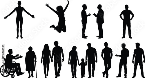 Human silhouette collection showing diverse people standing, walking, talking, jumping, family, disability inclusion, and daily life activities, black 