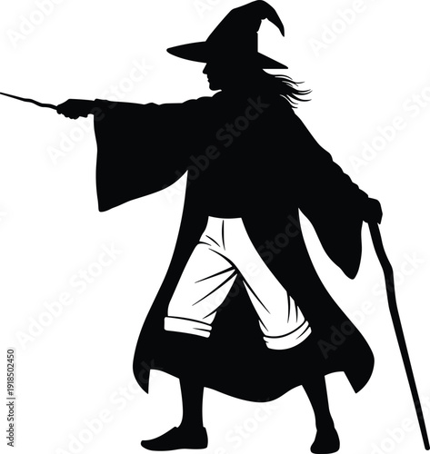 Wizard silhouette holding magic wand and staff, fantasy sorcerer character illustration, mysterious spellcaster costume isolated on white background for halloween myth art design