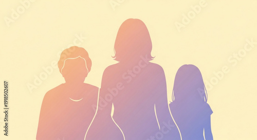 Three silhouetted people standing together in a gradient colored background for concepts of family friendship or unity
