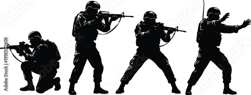 Military soldier silhouettes in tactical combat positions isolated on white background, armed forces teamwork concept, special operations, security, defense, warfare illustration design