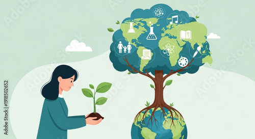 Woman nurturing a plant with a tree growing from the earth symbolizing environmental care and sustainability