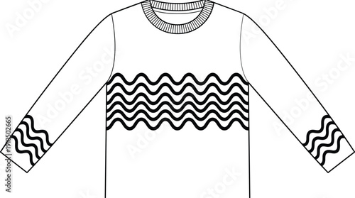 Minimalist long sleeve sweater line art illustration with abstract wavy stripe pattern, modern fashion apparel outline design, black and white clothing template isolated