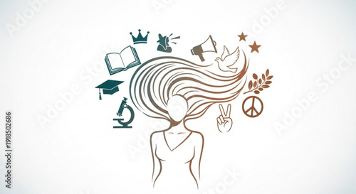 Woman with long hair surrounded by education and peace symbols representing knowledge and harmony