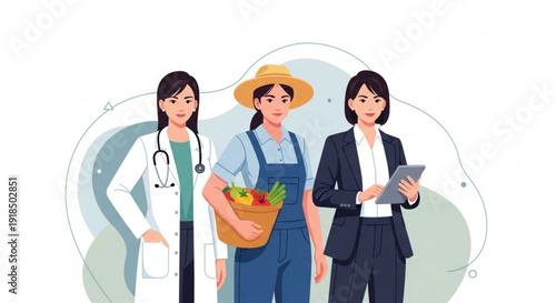 Three women in different professions standing together farmer doctor and businesswoman symbolizing diverse careers and teamwork