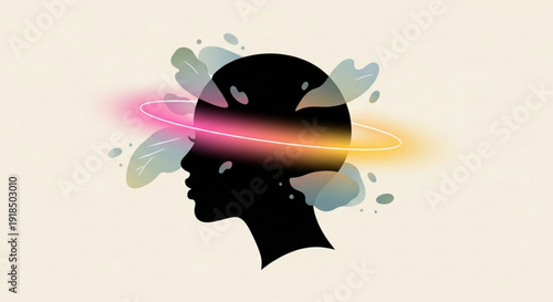 Silhouette of a person's head with a vibrant glowing ring and colorful abstract shapes around it representing creativity and imagination on a beige background