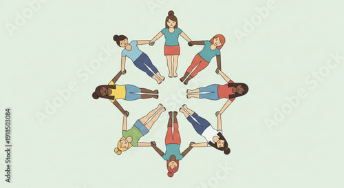 Diverse group of people holding hands in a circle forming a symbol of unity and friendship on a light green background