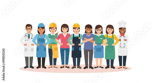 Diverse professionals standing together in various occupations and uniforms on a plain background