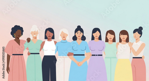 Diverse group of women standing together in unity and solidarity showing support and friendship with a pastel color background