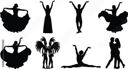 Black Silhouette Vector Collection of Dancers and Performers, Featuring Ballet, Flamenco, Latin, and Carnival Styles, Illustrating Dynamic Motion and Artistic Stage Performance on White