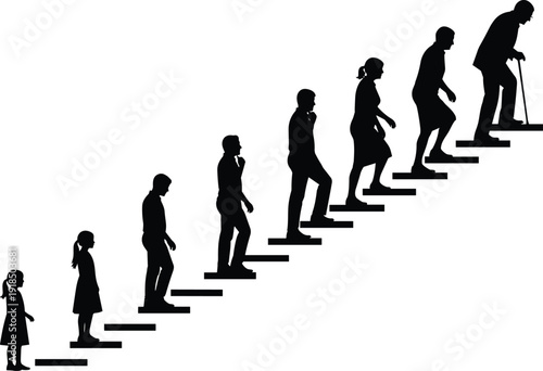 Black Silhouette Vector Illustrating the Stages of Human Life from Childhood to Old Age, Showing People Progressing up a Staircase, Representing Growth and Aging Process