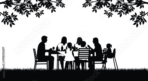 Black Silhouette Vector Illustration of a Happy Family Group Dining Outdoors Under Tree Branches, Symbolizing Summer Picnic, BBQ Gathering, and Weekend Leisure Activity.