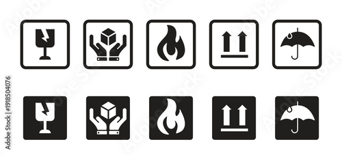 Packaging Warning Symbol Set – Fragile, Handle with Care and Shipping Safety Icons Vector, Fragile, handle with care, flammable, upward, keep dry simple signs - stock vector.