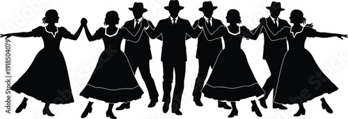 Black Silhouette Vector of a Group of Eight Dancers Performing a Traditional Square or Folk Dance, with Men in Suits and Hats and Women in Long Skirts, Isolated on White Background