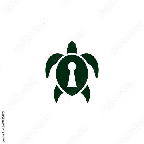 Turtle silhouette with keyhole symbol on shell in minimalist vector style isolated on white background