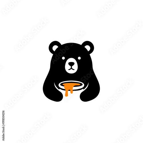 Minimalist black bear holding a bowl of dripping honey, cute flat vector illustration isolated on white background