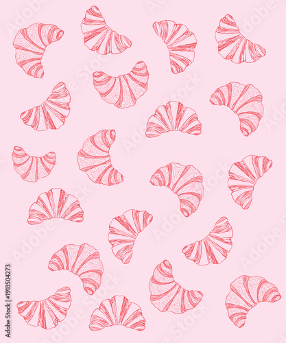 Seamless background with hand drawn pastries, vector. Croissant outlines isolated background. Element for the design of your cafe, restaurant, menu, packaging, fabric. Croissant pattern.