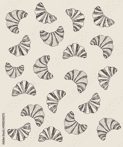 Seamless background with hand drawn pastries, vector. Croissant outlines isolated background. Element for the design of your cafe, restaurant, menu, packaging, fabric. Croissant pattern.