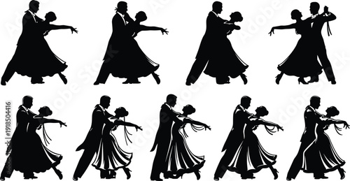 Black Silhouette Vector Set of Ballroom Dancers, Including Couples Performing Waltz, Foxtrot, or Tango in Elegant Evening Attire, Isolated on a Clean White Background