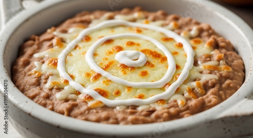 Authentic Mexican refried beans (frijoles refritos) topped with cheese and crema.