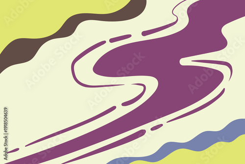 Abstract purple wave pattern with yellow and brown flowing lines on a cream background, representing fluidity and organic movement