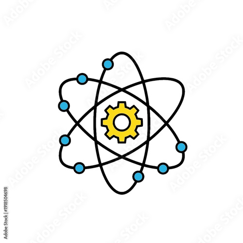 Close-up view of a stylized atom illustration featuring a yellow gear core, blue electrons orbiting, rendered in cartoon style on plain background