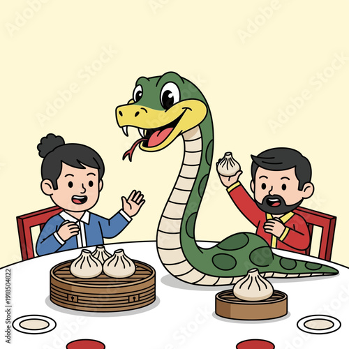 Happy Cartoon Snake Mascot Dining with Friends and Eating Steamed Dim Sum Dumplings