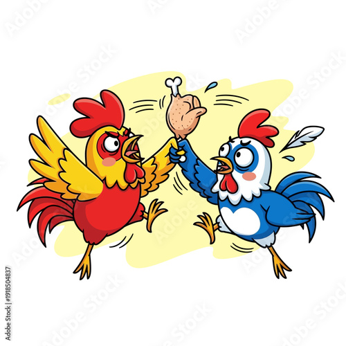 Humorous Cartoon Roosters Fighting Over a Fried Chicken Drumstick | Ironic Food Conflict and Competition Mascot Illustration