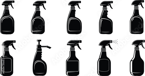 Black spray bottle silhouettes set, cleaning product containers collection, trigger and pump bottles, minimal vector icons for household, industrial, and cosmetic packaging design