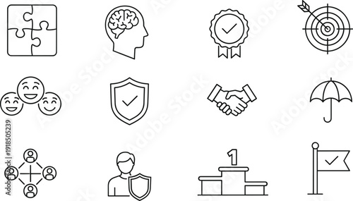 Business success and trust icon set with problem solving leadership protection teamwork and achievement symbols in clean outline vector style