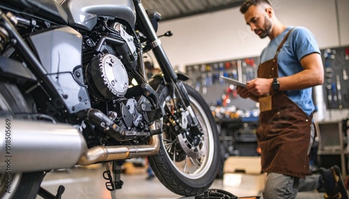 Mechanic inspecting motorcycle in workshop.