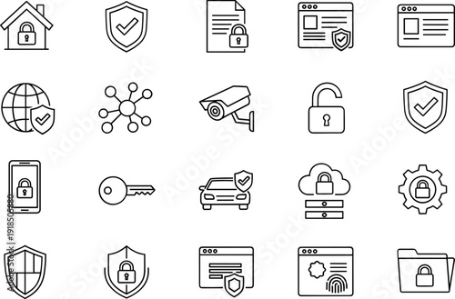 Cyber security and data protection icon set with privacy locks shields authentication and network safety symbols in clean outline vector style
