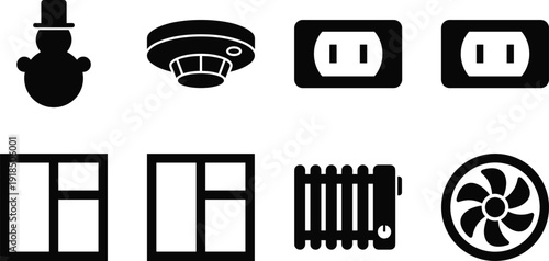 Home utilities and interior solid icons set featuring snowman, smoke detector, power outlets, windows, radiator heater, and ventilation fan for residential building design concepts