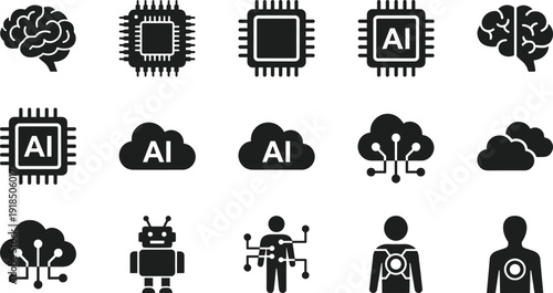 Artificial intelligence and machine learning solid icons set showing AI chips, cloud computing, neural networks, robotics, human connection, and advanced digital technology concepts