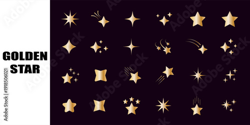 Gold star shapes, sparkles, and twinkling icons. celestial bursts.