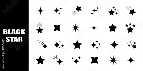 Black star shapes, sparkles, and twinkling icons. shooting stars.