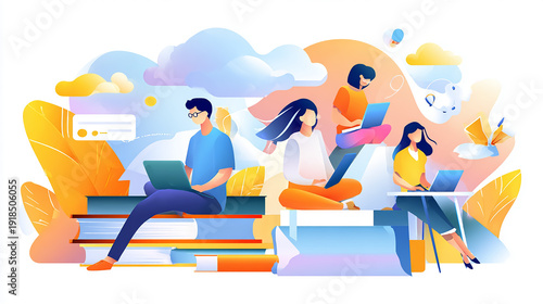 Creative vector illustration of distance education and online learning, modern e-learning concept, students using laptops and tablets, digital classroom