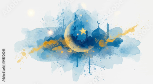 Eid Mubarak celebration with crescent moon and stars