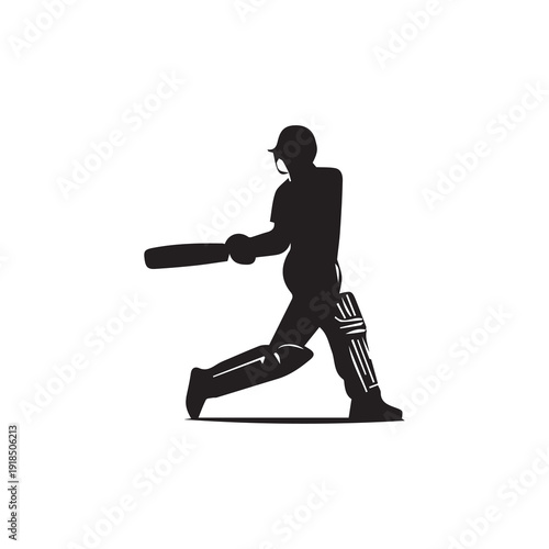 Cricket player batting, action silhouette, aggressive stance, batsman hitting ball, protective gear, sports equipment, game on field, athlete playing, professional sport, outdoor stadium