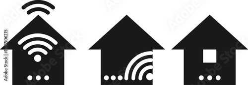 Smart home WiFi icons set featuring connected house silhouettes with wireless network signals, representing internet connectivity, home automation systems, IoT technology, and modern 
