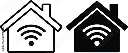 Smart home WiFi icons set displaying outline and solid house symbols with wireless network signals, representing internet connectivity, home automation, IoT systems, and modern digital living 