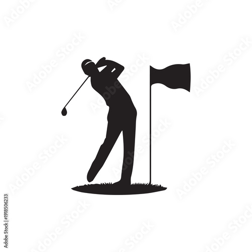 Golfer swinging club near flag on course, dynamic silhouette, active sport, professional golfer preparing for shot, outdoor activity, green grass, summer day, leisure time
