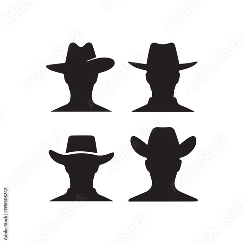 Four cowboy hats, silhouette heads, men's headwear, western style, iconic hats, profile views, rancher style, vintage fashion, diverse designs, country music