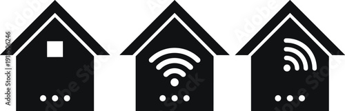 Smart home WiFi icons set showing connected house symbols with wireless network signals, representing internet connectivity, home automation, IoT technology, and modern digital living