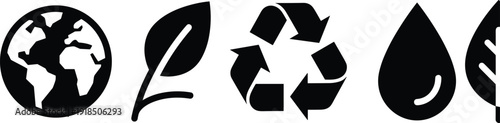 Eco friendly sustainability icons set featuring earth, leaf, recycling symbol and water drop, representing environmental protection, green energy, renewable resources, and sustainable living concepts