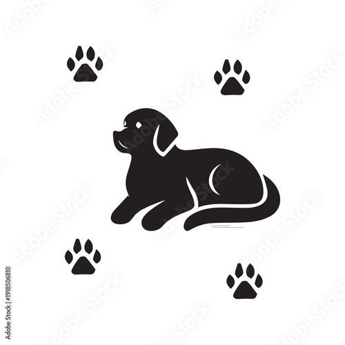 Black silhouette of cute dog lying down surrounded by paw prints on white background, pet animal graphic